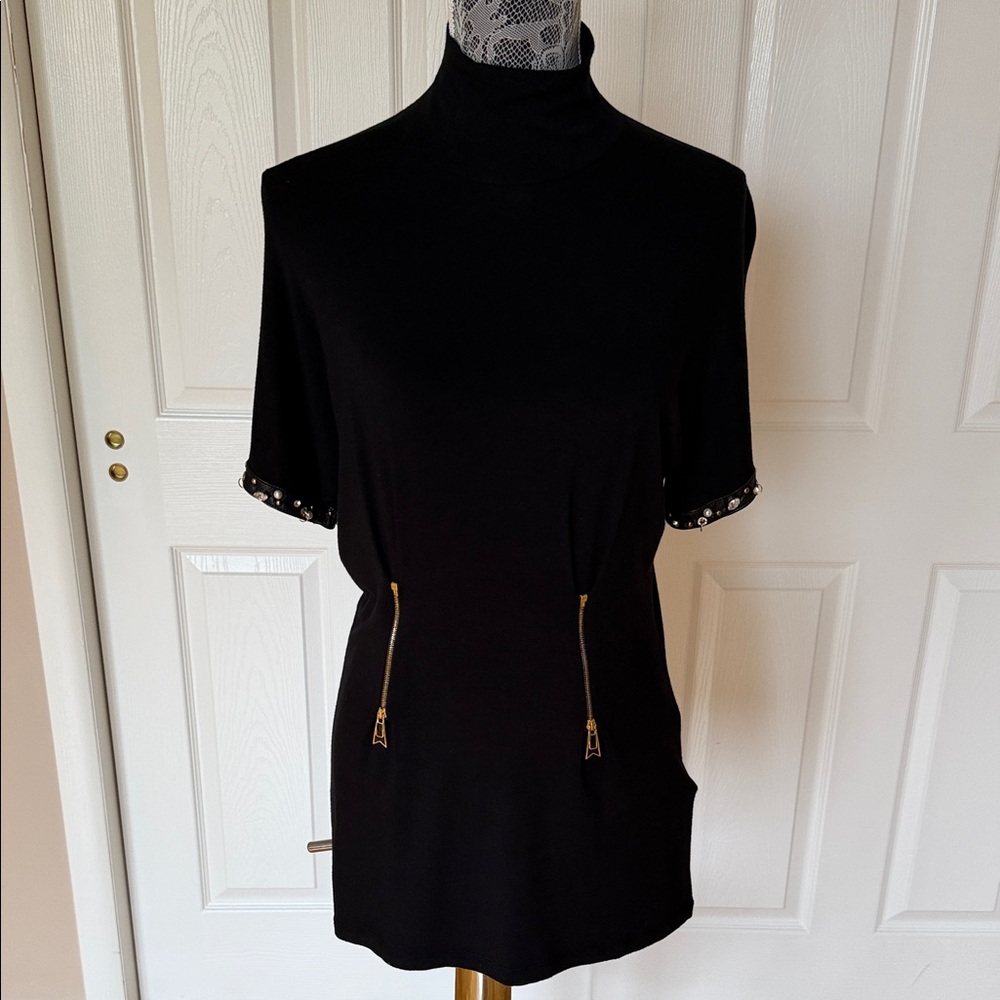 Women's Black Short-Sleeve Turtleneck Tunic with Gold Zippers